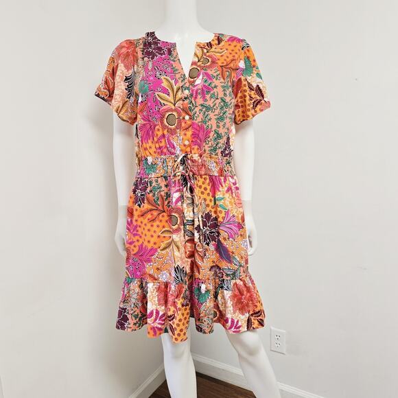 Ann Taylor Loft Dress Size L Patchwork Bloom Floral Double Waist Tie Vacation - Picture 1 of 10